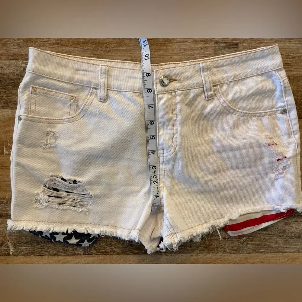 Justice Girls 16 1/2 White Distressed Jean Shorts USA Flag Pockets Stars Stripes